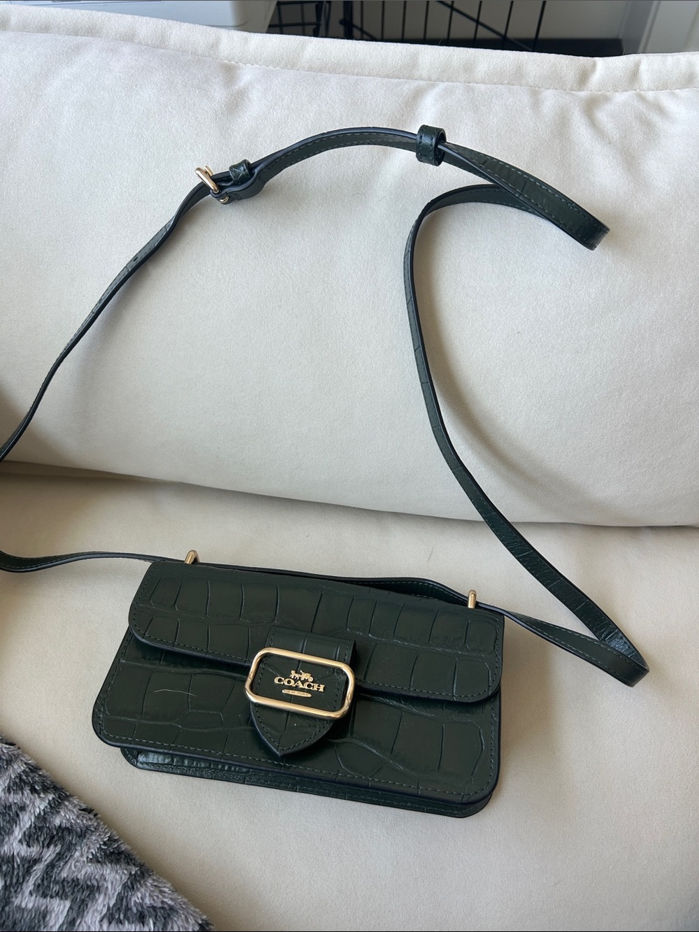 Coach Dark Green Croc-Embossed Leather Crossbody with Gold Hardware